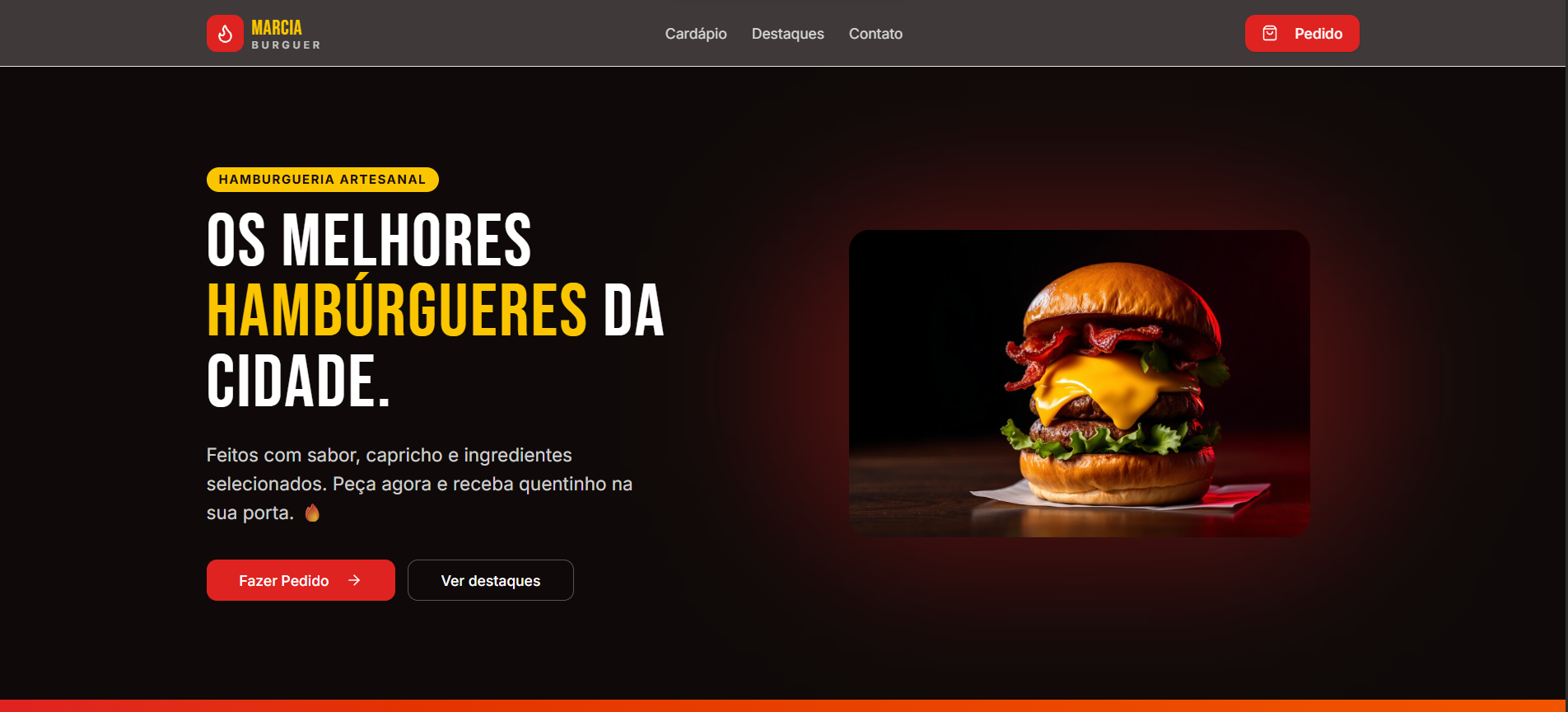 Página inicial do site da hamburgueria Marcia Burguer com pedidos online